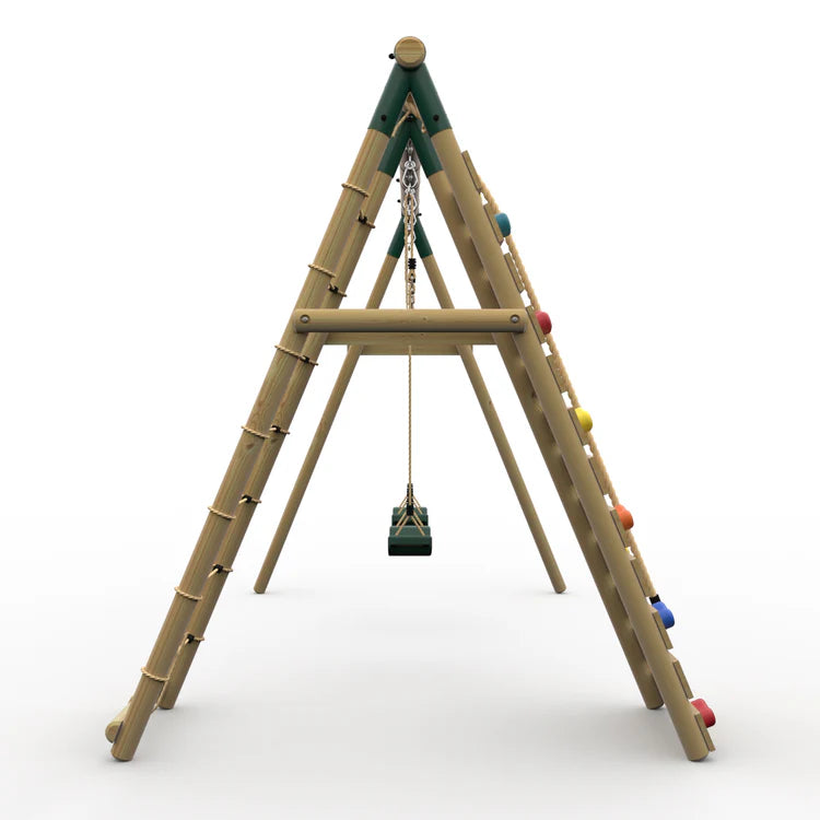 side-view-of-plum-uakari-wooden-swing-set-with-climbing-wall-rope-ladder-and-two-green-swings