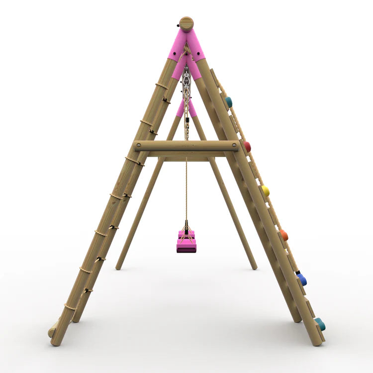 side-view-of-plum-uakari-wooden-swing-set-with-climbing-wall-rope-ladder-and-two-pink-swings