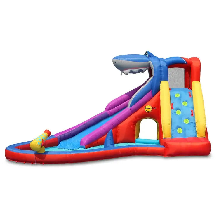 side-view-of-shark-themed-inflatable-water-slide-and-pool