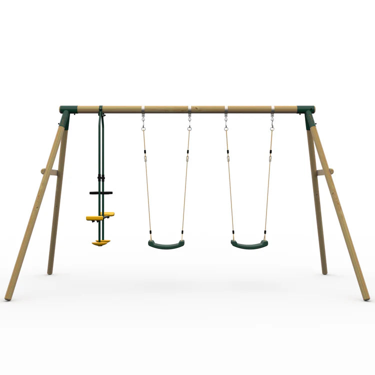 side-view-of-wooden-double-swing-set-with-mounted-glider-seat