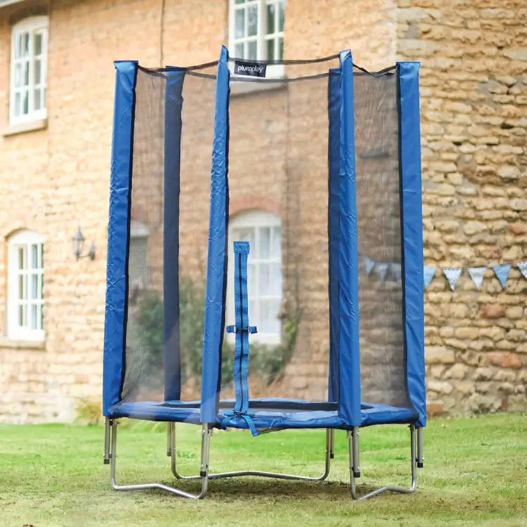 small-blue-enclosed-trampoline-on-lawn-with-zip-entry