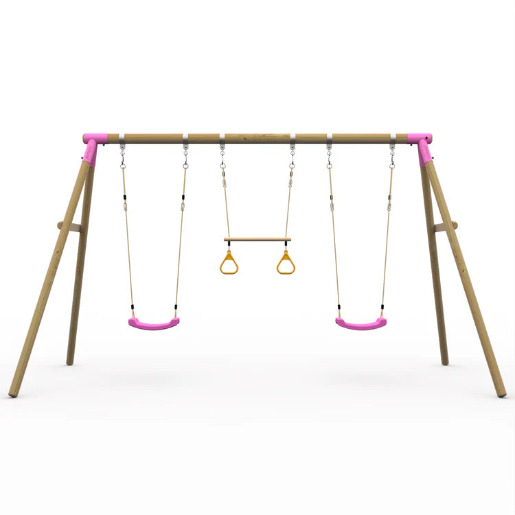 straight-on-front-view-of-marmoset-wooden-double-swing-set-with-pink-brackets-and-pink-seats