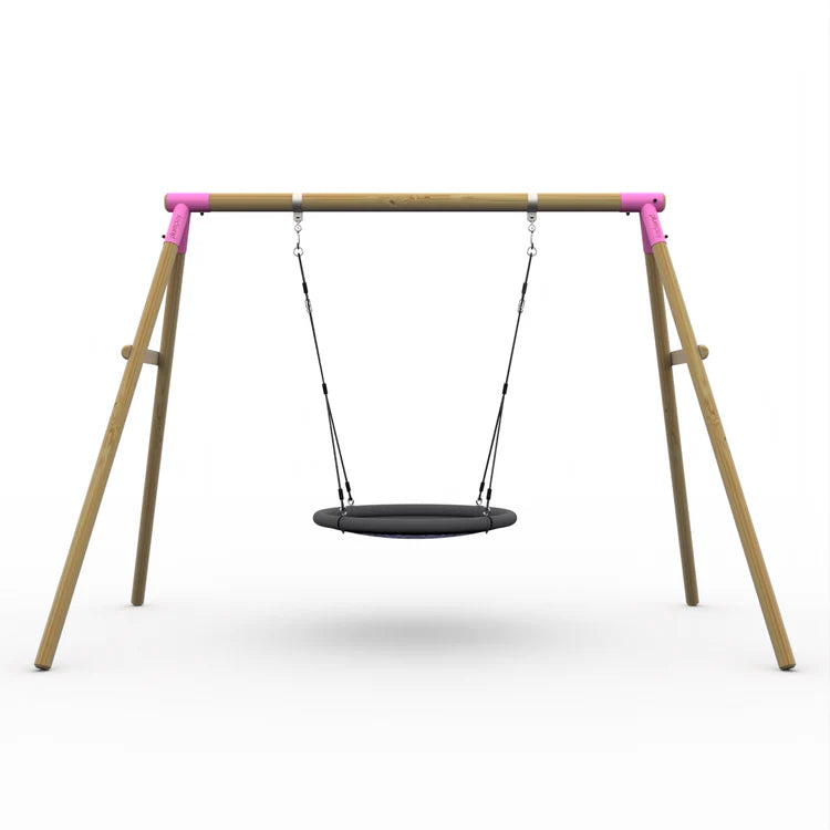 straight-on-front-view-of-wooden-double-swing-set-featuring-pink-metal-corner-brackets-and-matching-pink-seats