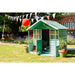 teal-wooden-playhouse-in-garden-with-open-doors-bunting-and-red-balloon