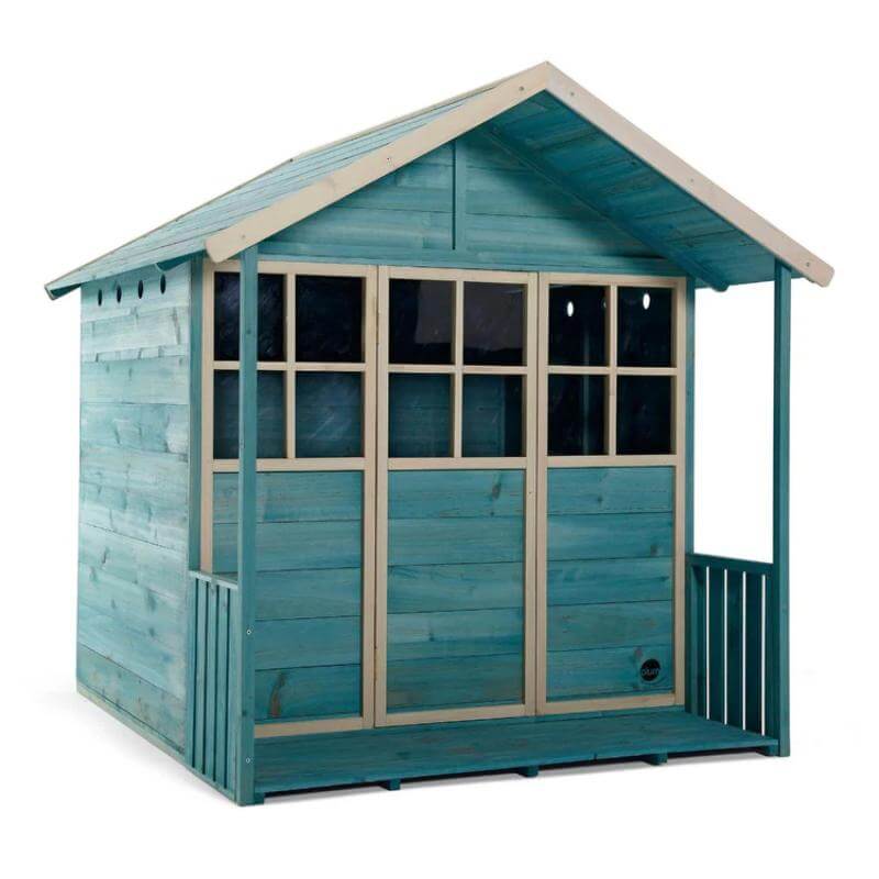 teal-wooden-playhouse-with-covered-front-porch-double-doors-and-side-window