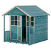 teal-wooden-playhouse-with-one-door-open-and-covered-front-porch