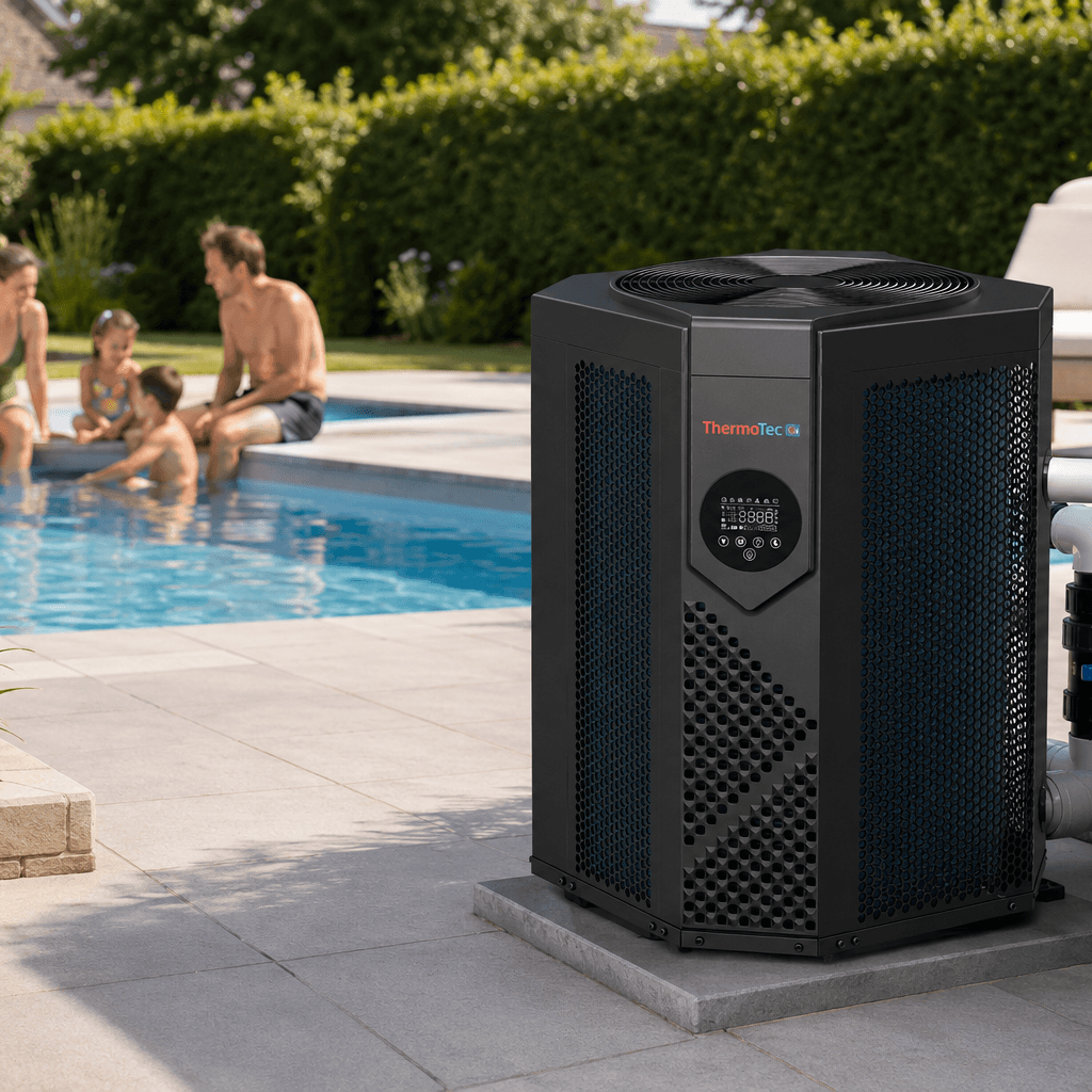thermotec-apex-inverter-swimming-pool-heat-pump-installed-beside-a-garden-pool-with-family-swimming-in-the-background
