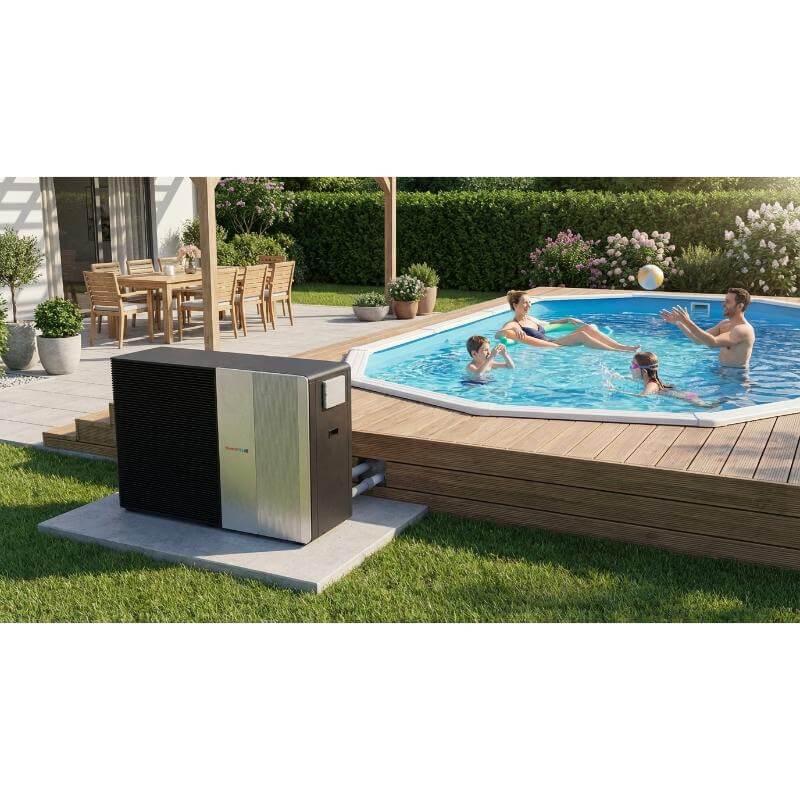 thermotec-edge-pool-heat-pump-beside-octagonal-above-ground-pool-with-family