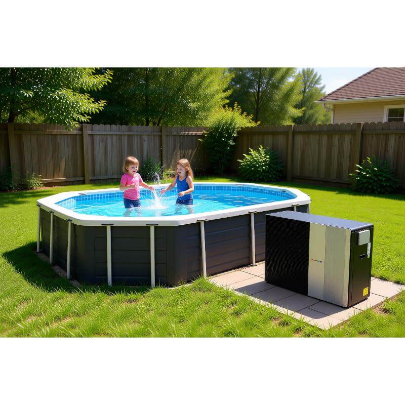 thermotec-edge-pool-heat-pump-next-to-round-above-ground-pool-with-children