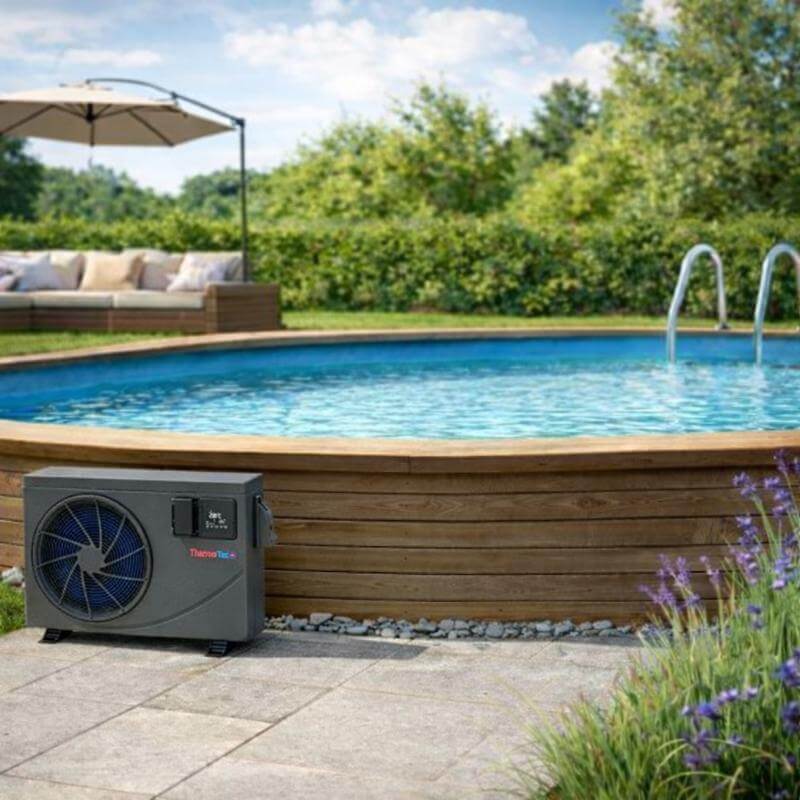 thermotec-pool-heat-pump-beside-wood-effect-round-pool-in-sunny-garden