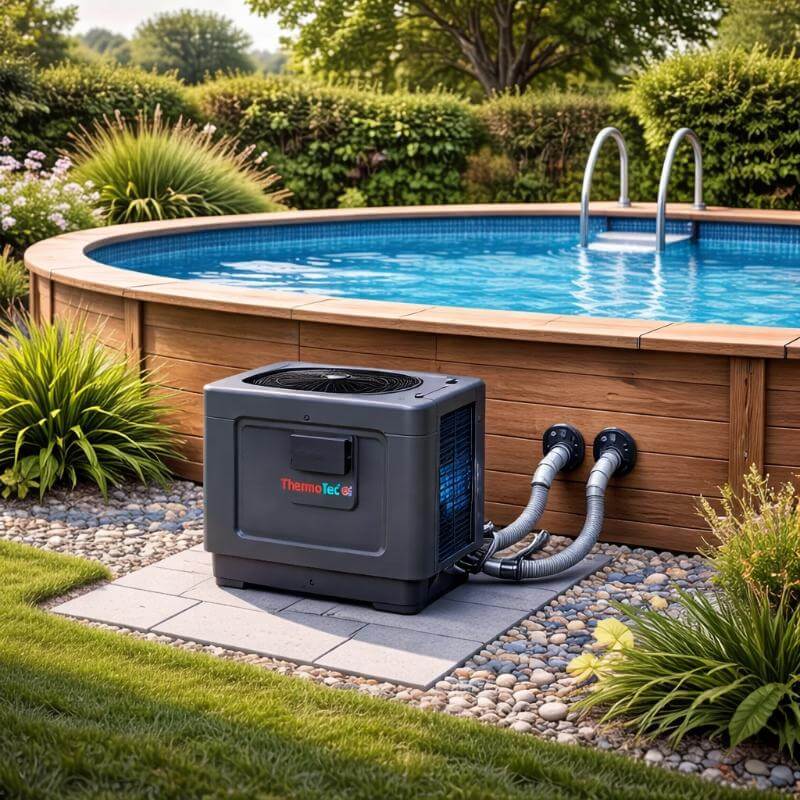 thermotec-pro-pool-heat-pump-installed-beside-round-above-ground-pool-in-landscaped-garden