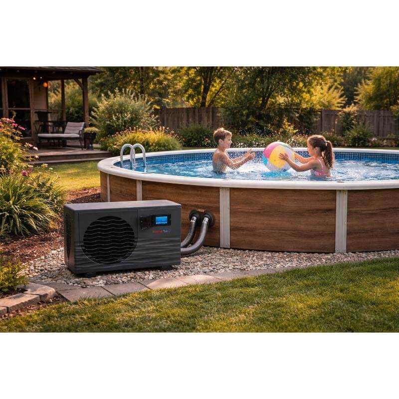 thermotec-pro-pool-heat-pump-next-to-round-above-ground-pool-with-two-children-playing-with-beach-ball