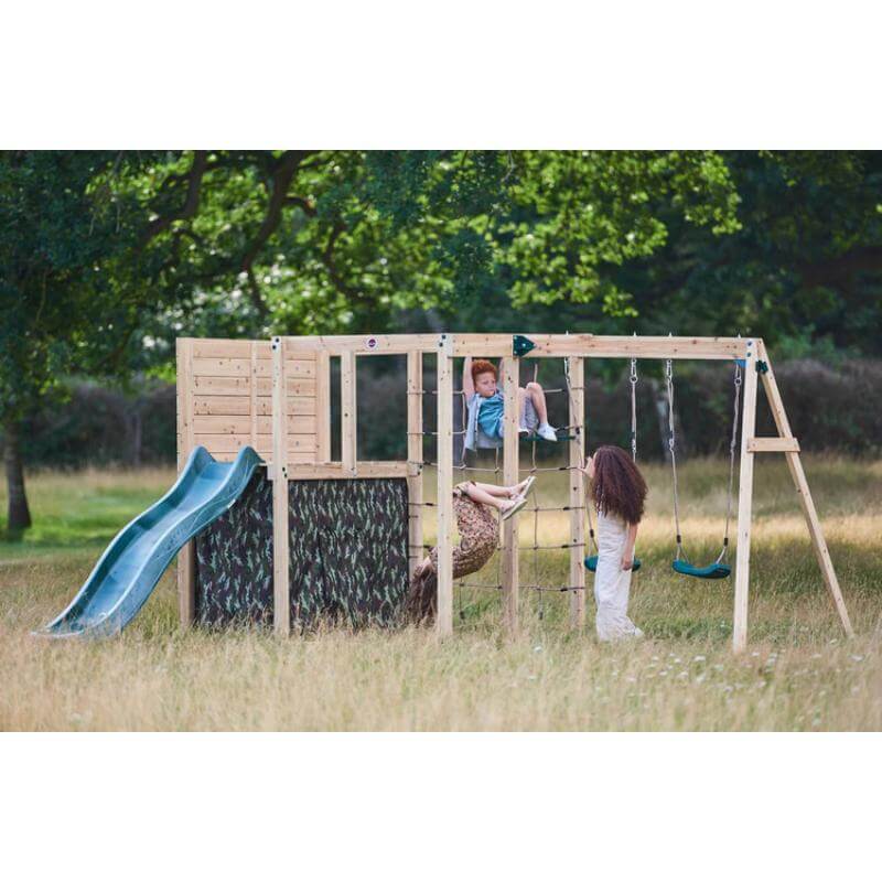 three-children-playing-on-different-sections-of-plum-wooden-outdoor-climbing-frame