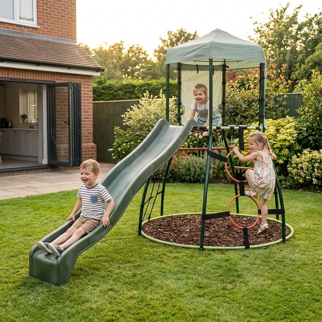 three-children-playing-on-garden-climbing-frame-with-tower-and-wavy-slide