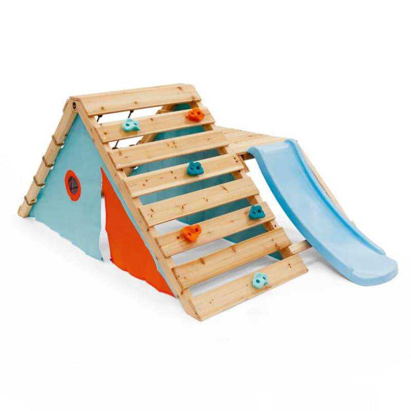 triangular-wooden-playcentre-with-blue-slide-climbing-ramp-and-side-tent-panels