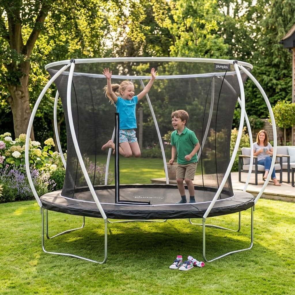 two-children-jumping-on-modern-backyard-trampoline-with-parent-nearby