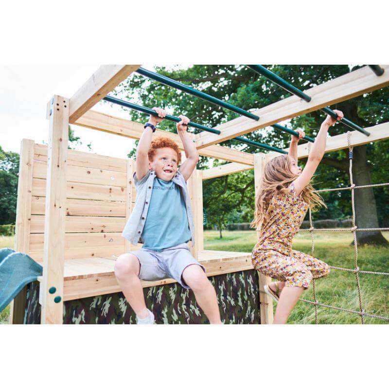 two-children-playing-on-metal-monkey-bars-of-plum-wooden-climbing-cube