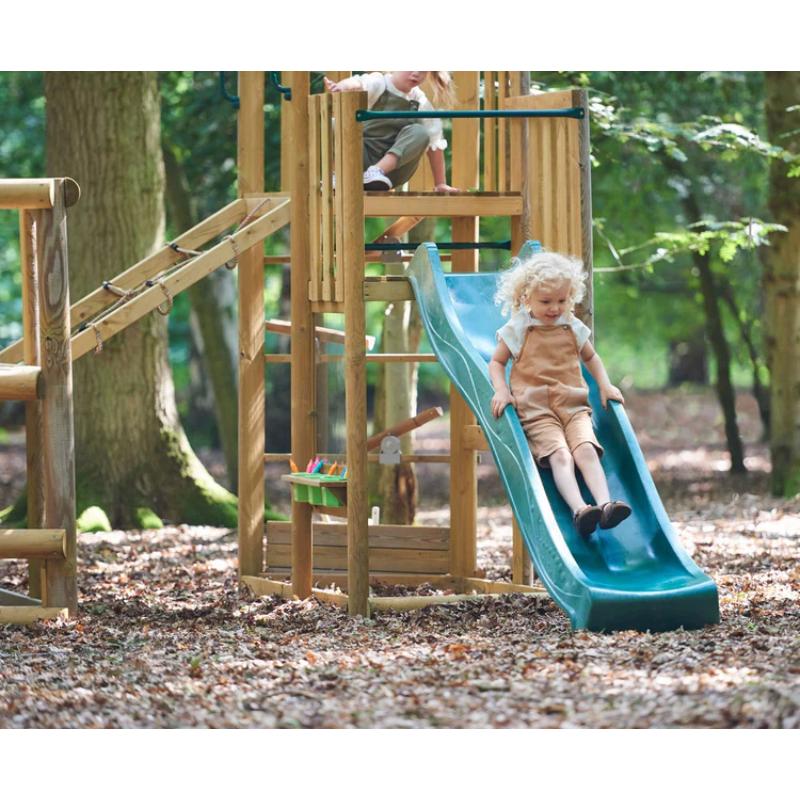 wide-view-of-wooden-adventure-playcentre-in-forest-with-rope-bridge-and-dual-green-slides