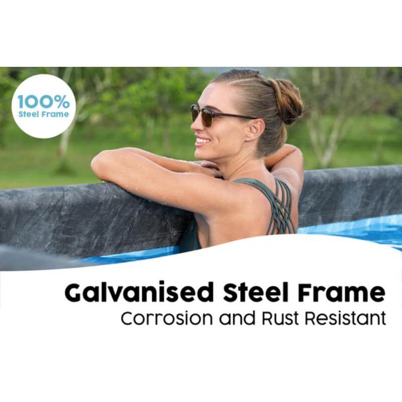 woman-leaning-on-galvanised-steel-frame-of-bestway-apx-above-ground-pool
