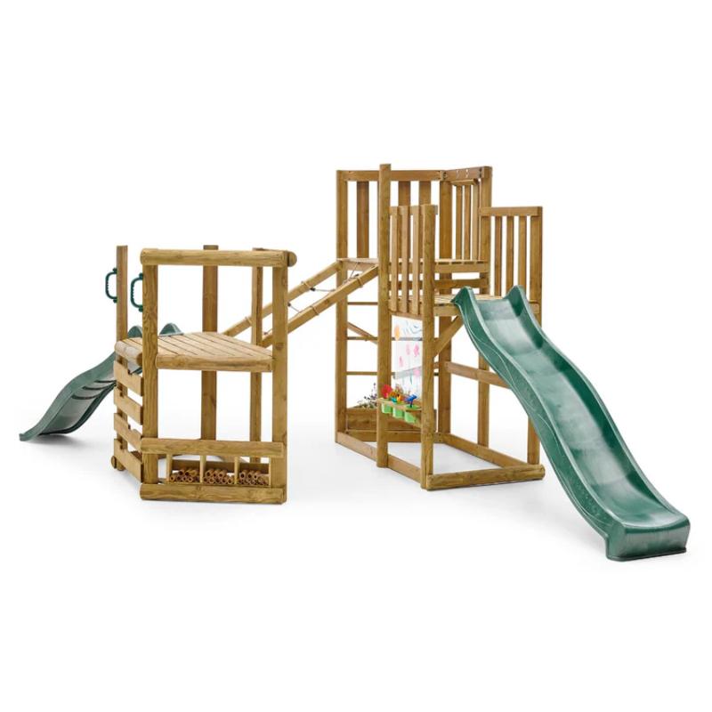 wooden-adventure-playcentre-with-two-platforms-rope-bridge-and-dual-green-slides