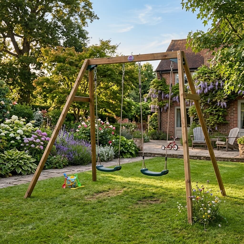 wooden-double-garden-swing-set-in-a-flower-filled-family-backyard
