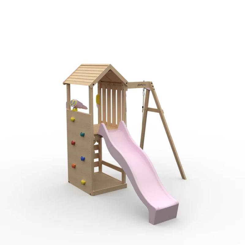 wooden-lookout-tower-play-set-with-pink-wave-slide-and-single-swing-arm