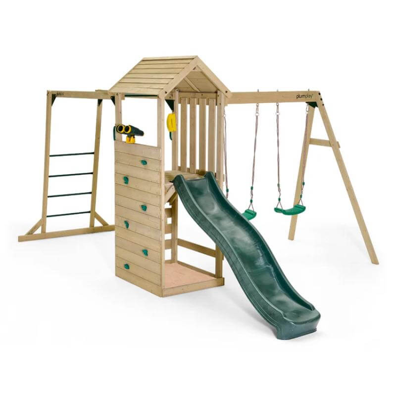 wooden-lookout-tower-with-monkey-bars-two-swings-green-slide-and-climbing-wall