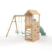 wooden-lookout-tower-with-pastel-green-slide-two-swings-and-roofed-play-platform