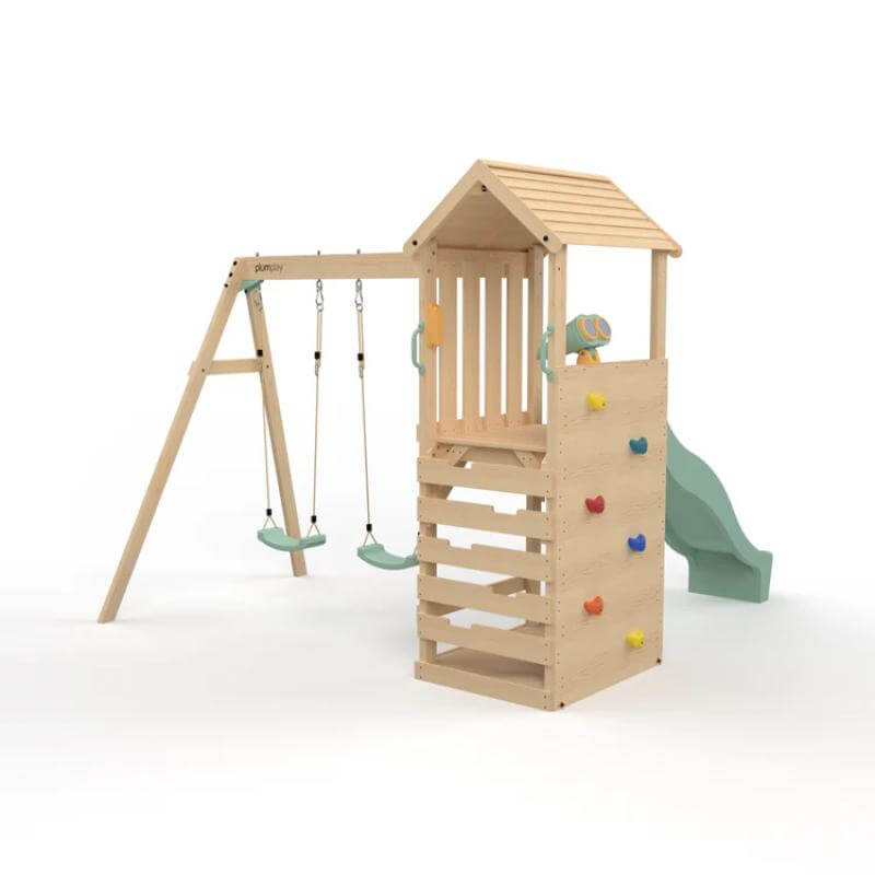 wooden-lookout-tower-with-pastel-green-slide-two-swings-and-roofed-play-platform