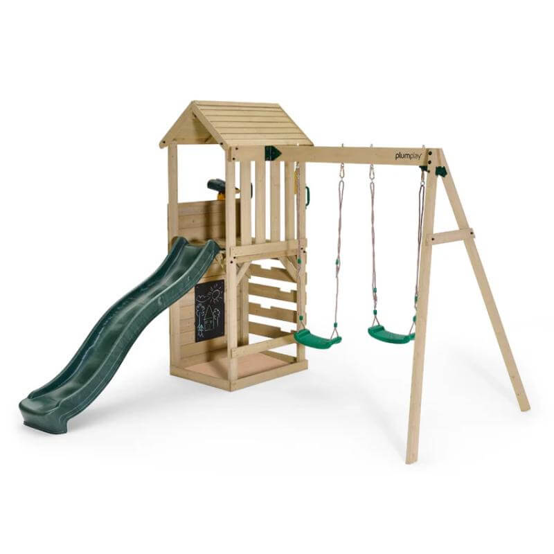 wooden-lookout-tower-with-two-swings-green-slide-and-roofed-platform