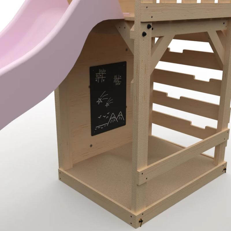 wooden-play-den-base-under-tower-with-black-chalkboard-for-drawing