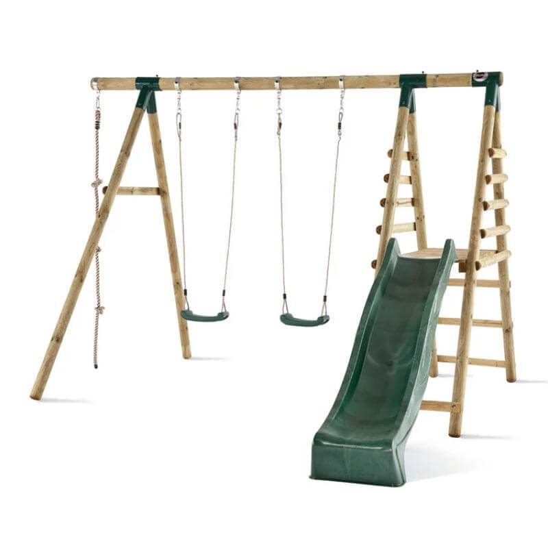 wooden-swing-set-with-two-green-swings-platform-ladder-slide-and-climbing-rope